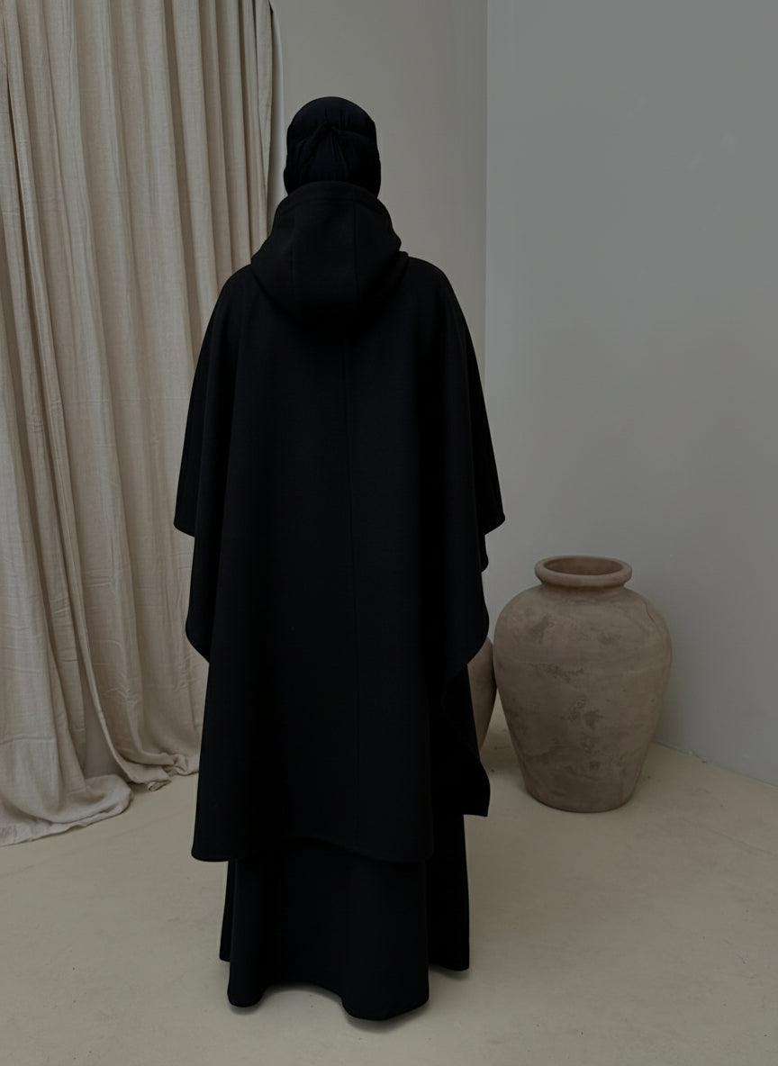 Wool Hooded Black Poncho